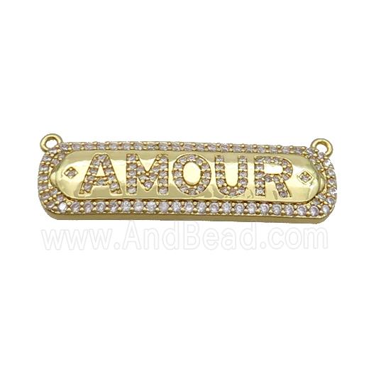 Copper Rectangle Pendant Pave Zircon AMOUR with 2loops Gold Plated