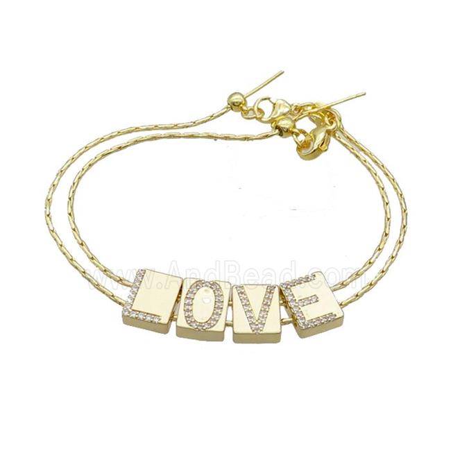Copper Bracelet With LOVE Pave Zircon Gold Plated