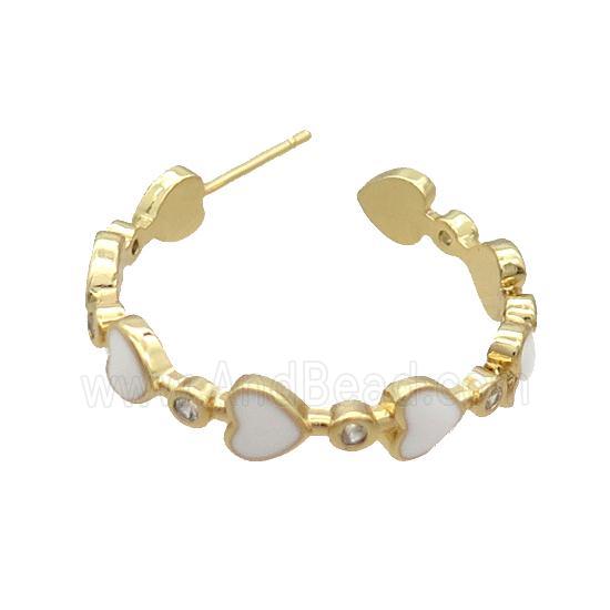 Copper Stud Earring White Enamel Heart Gold Plated