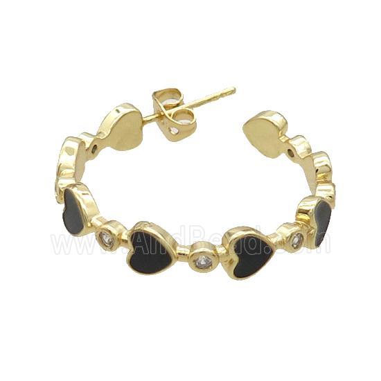 Copper Stud Earring Black Enamel Heart Gold Plated