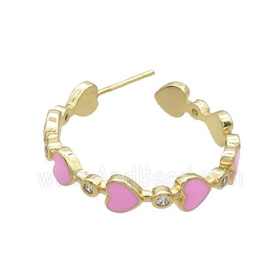 Copper Stud Earring Pink Enamel Heart Gold Plated