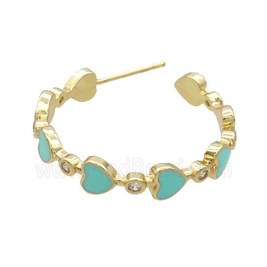 Copper Stud Earring Teal Enamel Heart Gold Plated