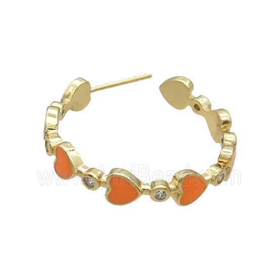 Copper Stud Earring Orange Enamel Heart Gold Plated
