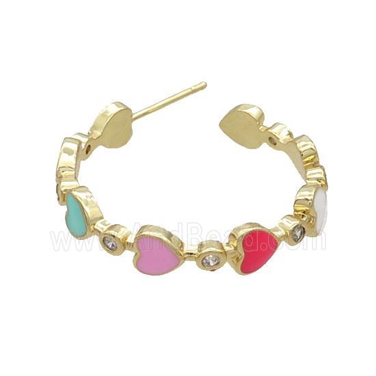 Copper Stud Earring Multicolor Enamel Heart Gold Plated