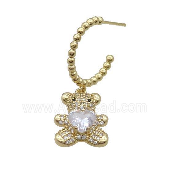 Copper Stud Earring With Bear Pave Zircon Gold Plated