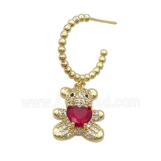 Copper Stud Earring With Bear Pave Zircon Red Gold Plated