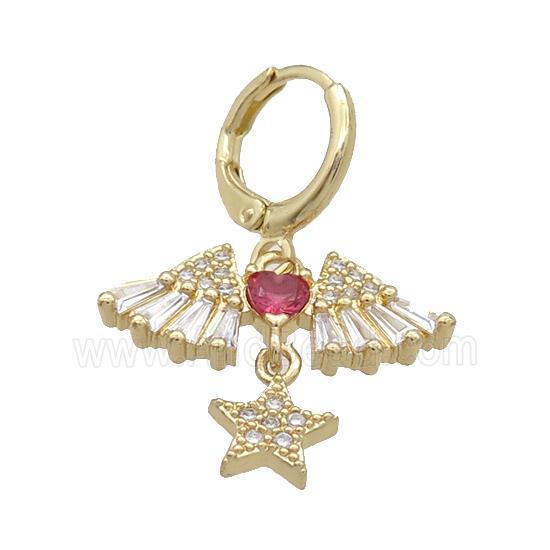 Copper Hoop Earring Pave Zircon Angel Wing Star Gold Plated