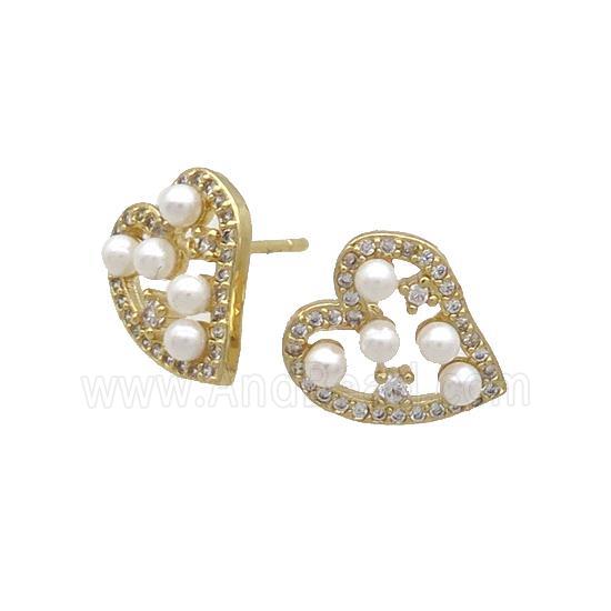 Copper Stud Earring Pave Zircon Heart Gold Plated