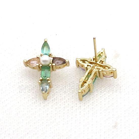 Copper Cross Stud Earring Pave Zircon Gold Plated