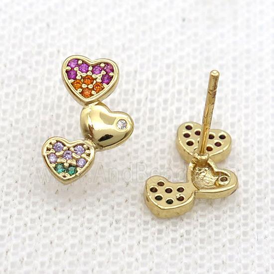 Copper Stud Earring Pave Zircon Heart Gold Plated