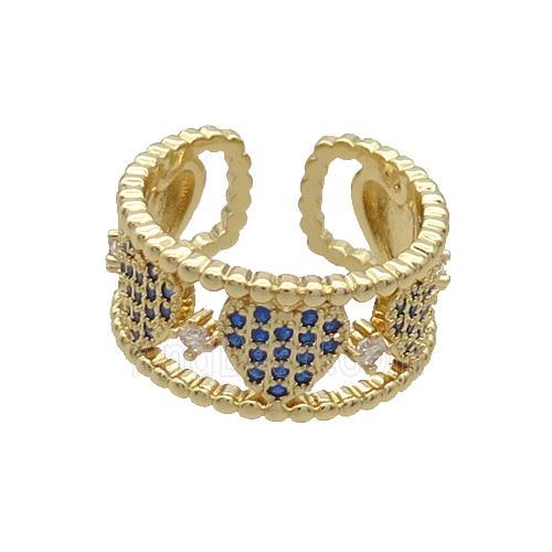 Copper Rings Pave Blue Zircon Heart Gold Plated