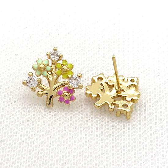 Copper Stud Earring Pave Zircon Tree Gold Plated