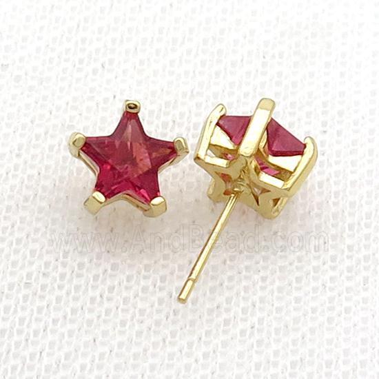 Copper Stud Earring Pave Red Crystal Star Gold Plated