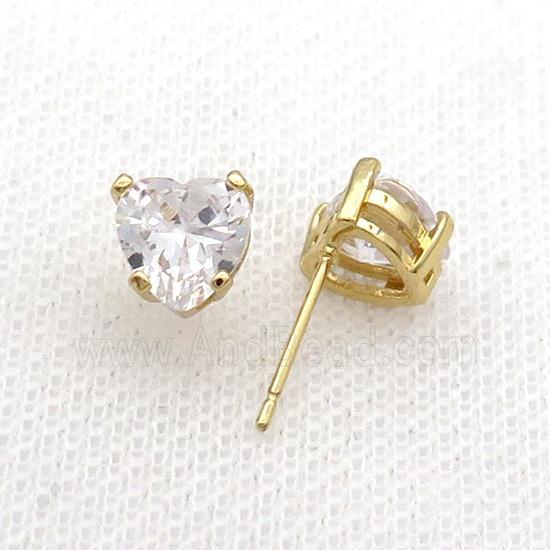 Copper Stud Earring Pave Clear Crystal Heart Gold Plated