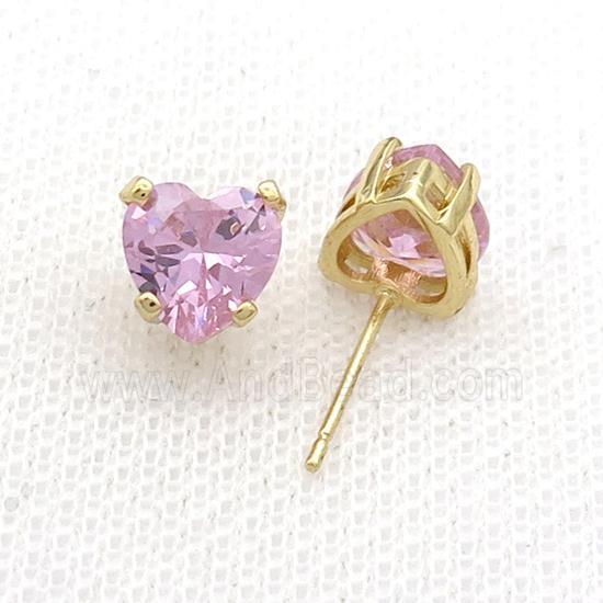 Copper Stud Earring Pave Pink Crystal Heart Gold Plated