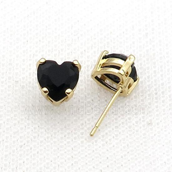 Copper Stud Earring Pave Black Crystal Heart Gold Plated