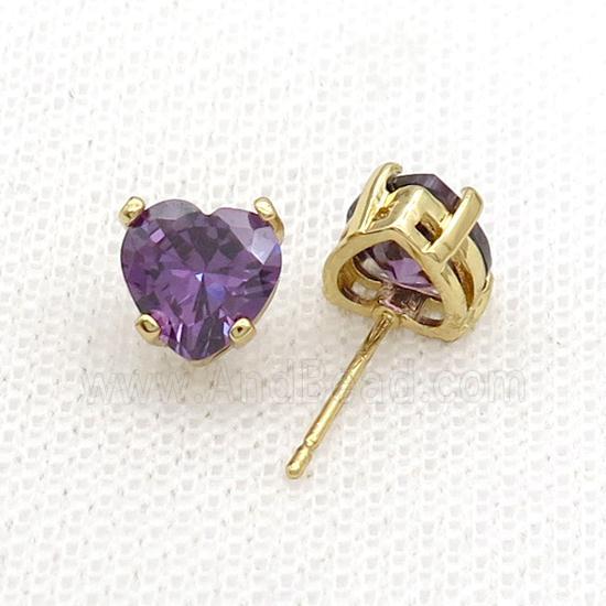 Copper Stud Earring Pave Purple Crystal Heart Gold Plated