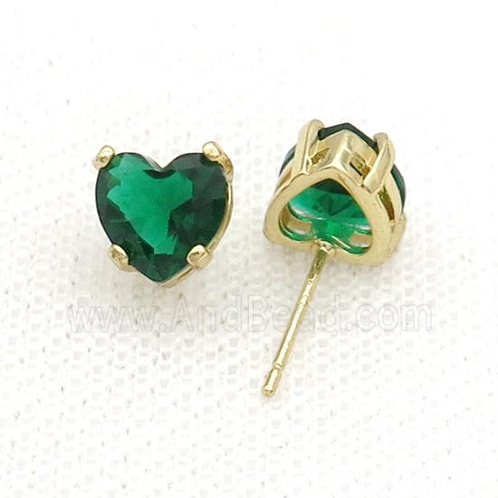Copper Stud Earring Pave Green Crystal Heart Gold Plated