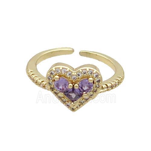 Copper Ring Pave Purple Zircon Heart Gold Plated