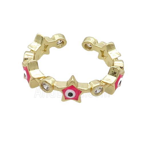 Copper Ring With Hotpink Enamel Evil Eye Star Gold Plated