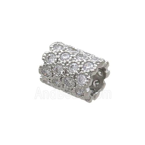 Copper Tube Beads Pave Zircon Large Hole Platinum Plated