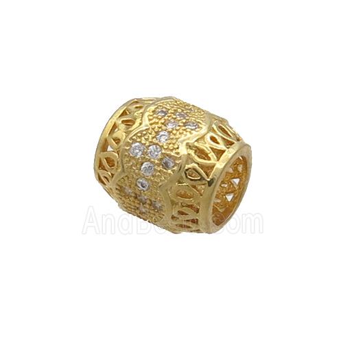 Copper Barrel Beads Pave Zircon Large Hole Gold Plated