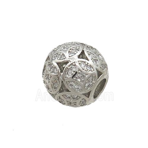 Copper Round Beads Pave Zircon Large Hole Platinum Plated