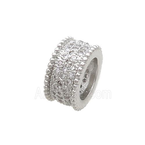 Copper Tube Beads Pave Zircon Large Hole Platinum Plated