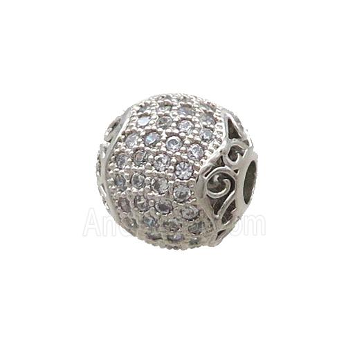 Copper Round Beads Pave Zircon Platinum Plated