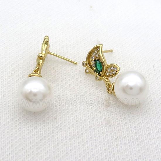 Copper Stud Earring Pave Zircon Butterfly Pearlized Shell Gold Plated