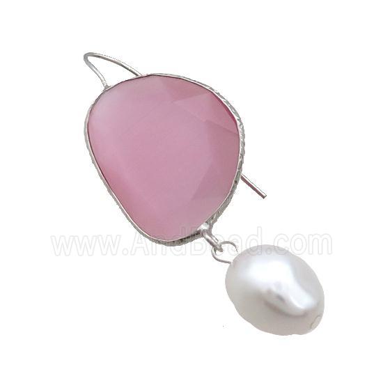 Copper Hook Earring With Pearlized Shell Pink Cat Eye Glass Platinum Plated