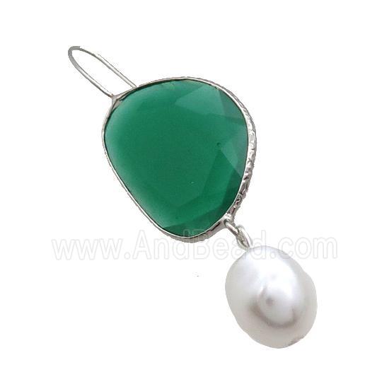 Copper Hook Earring With Pearlized Shell Green Cat Eye Glass Platinum Plated