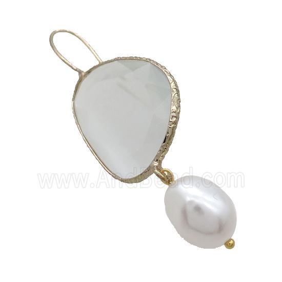 Copper Hook Earring With Pearlized Shell Lt.green Cat Eye Glass Gold Plated