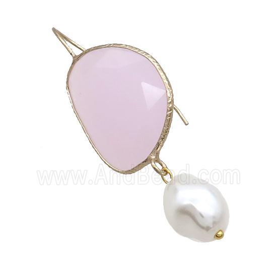 Copper Hook Earring With Pearlized Shell Pink Cat Eye Glass Gold Plated