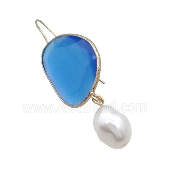 Copper Hook Earring With Pearlized Shell Blue Cat Eye Glass Gold Plated