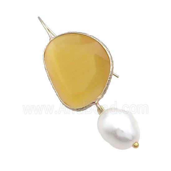 Copper Hook Earring With Pearlized Shell Yellow Cat Eye Glass Gold Plated