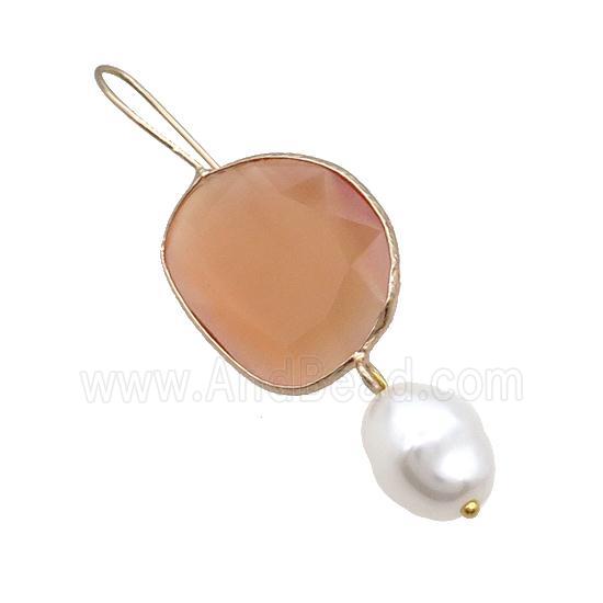 Copper Hook Earring With Pearlized Shell Peach Cat Eye Glass Gold Plated