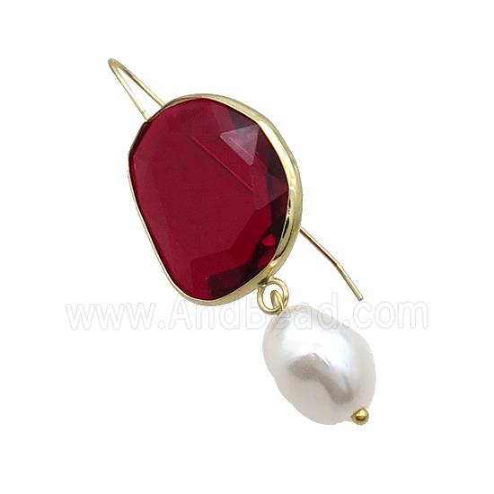 Copper Hook Earring With Pearlized Shell Red Cat Eye Glass Gold Plated
