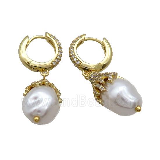 Copper Hoop Earring Pave Zircon Pearlized Shell Gold Plated