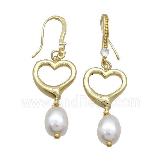 Copper Hook Earring Pave Zircon Heart Pearlized Shell Gold Plated