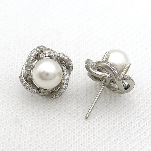 Copper Stud Earring Flower Pave Zircon Pearlized Shell Platinum Plated