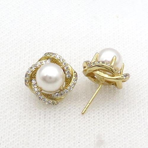 Copper Stud Earring Flower Pave Zircon Pearlized Shell Gold Plated