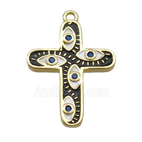 Copper Cross Pendant Pave Zircon Black Enamel Eye Gold Plated