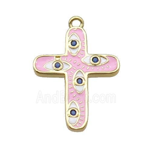 Copper Cross Pendant Pave Zircon Pink Enamel Eye Gold Plated