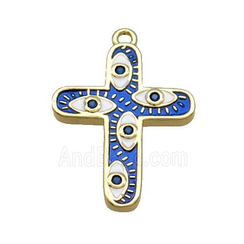 Copper Cross Pendant Pave Zircon RoyalBlue Enamel Eye Gold Plated