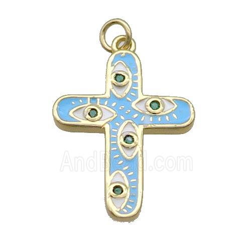 Copper Cross Pendant Pave Zircon Blue Enamel Eye Gold Plated