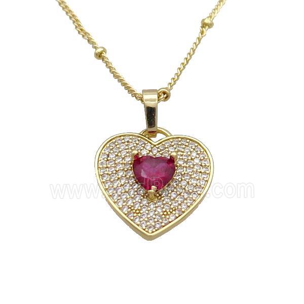 Copper Necklace With Heart Pave Zircon Red Gold Plated