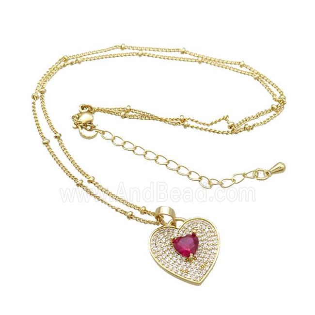 Copper Necklace With Heart Pave Zircon Red Gold Plated