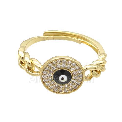 Copper Ring Pave Zircon Black Enamel Evil Eye Adjustable Gold Plated