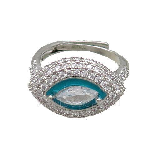 Copper Ring Pave Zircon Teal Enamel Eye Adjustable Platinum Plated